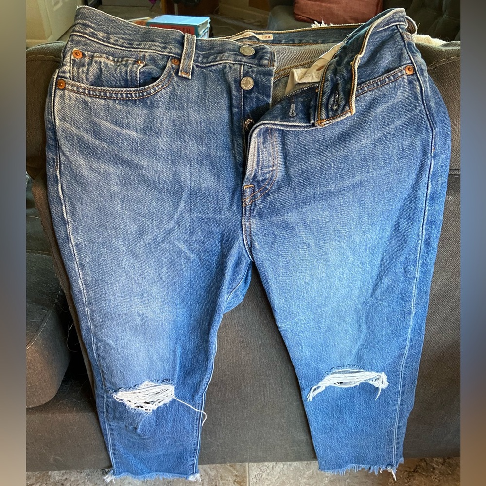 Levi’s dark wash distressed boyfriend jeans, wedgie straight